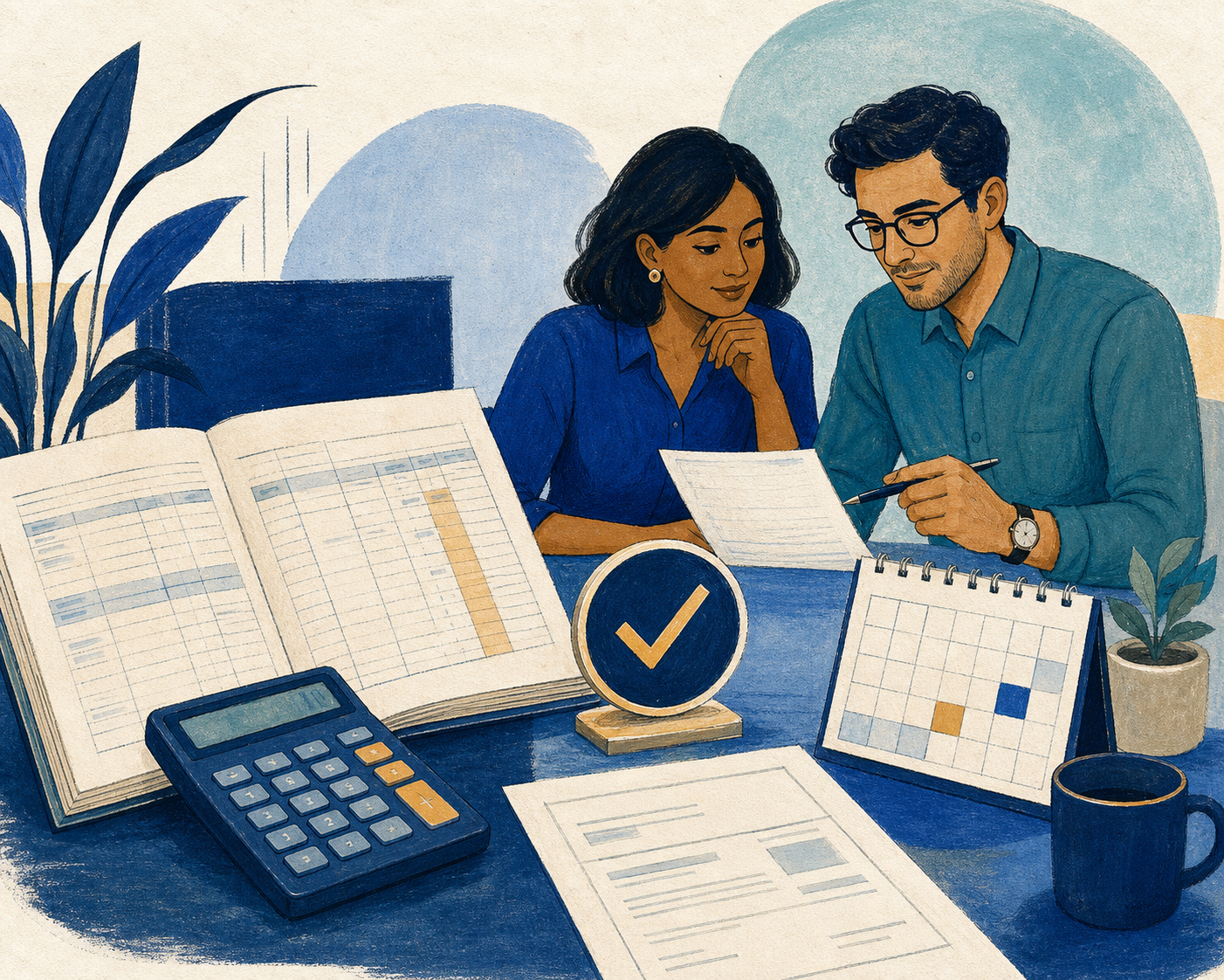 Hand-drawn illustration of approvals, finance records, calendars, and people operations