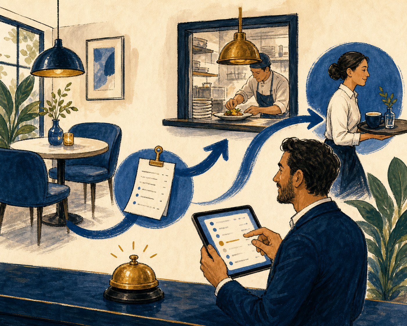 Hand-drawn illustration of hospitality service, orders, kitchen coordination, and tablet work