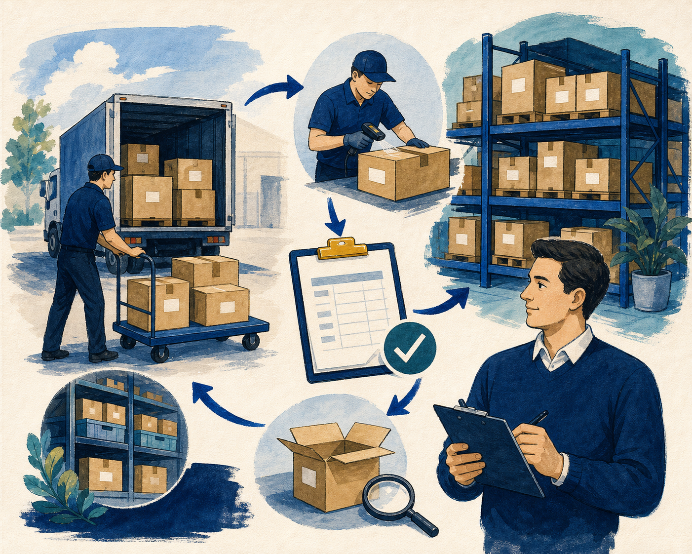 Hand-drawn illustration of receiving, warehouse movement, cartons, and purchase workflow