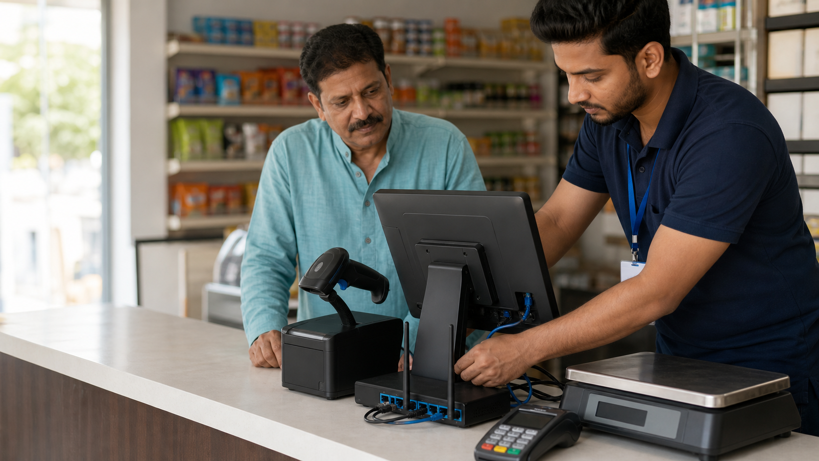 Retail operator and technician checking a scanner, printer, terminal, router, and weighing scale